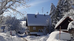Ein verschneiter Weg führt zu einem gelben Haus mit dunklem Dach, umgeben von schneebedeckten Bäumen und einem klaren Himmel.
