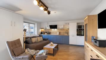 Televisie, een open haard, een dvd-speler en een stereo