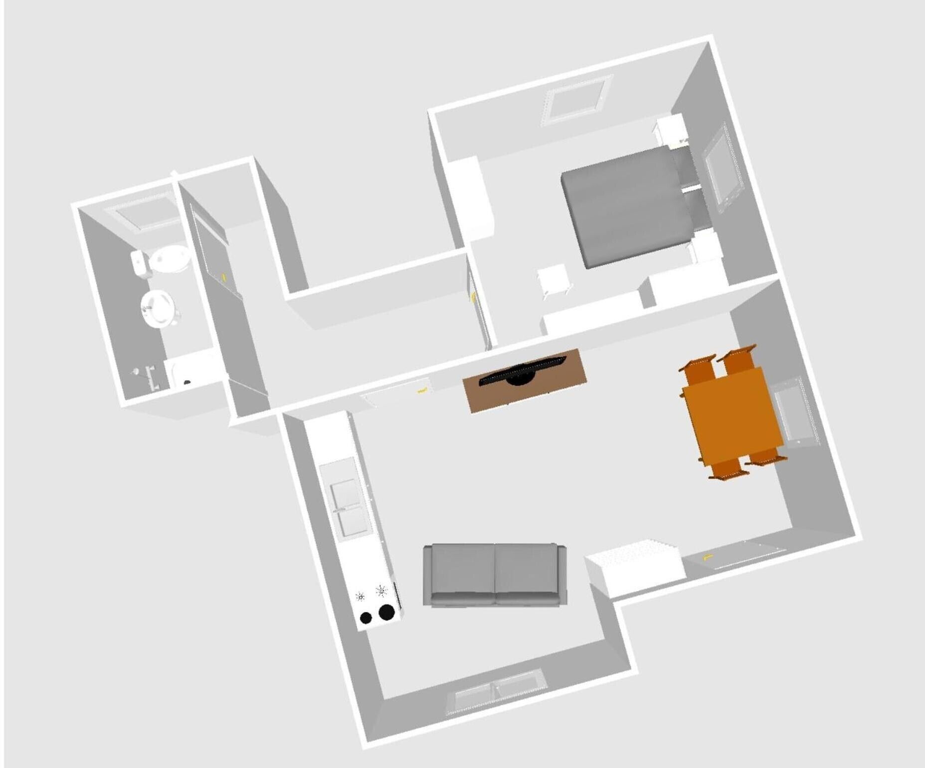 Et 3D-grundplan af et hotelværelse med en seng, et skrivebord, en stol, et klædeskab og et badeværelse.