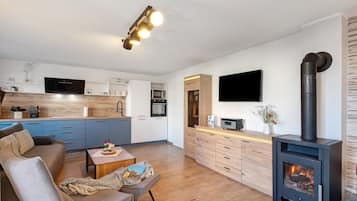 Een televisie, een open haard, een dvd-speler en een stereo