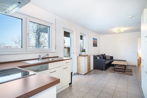A modern kitchen with a built-in stove, a sink, and a dishwasher. There is a dining area with a sofa and a small table. - Apartment 'Kienast' with Mountain View, Private Terrace and Wi-Fi (Markdorf)