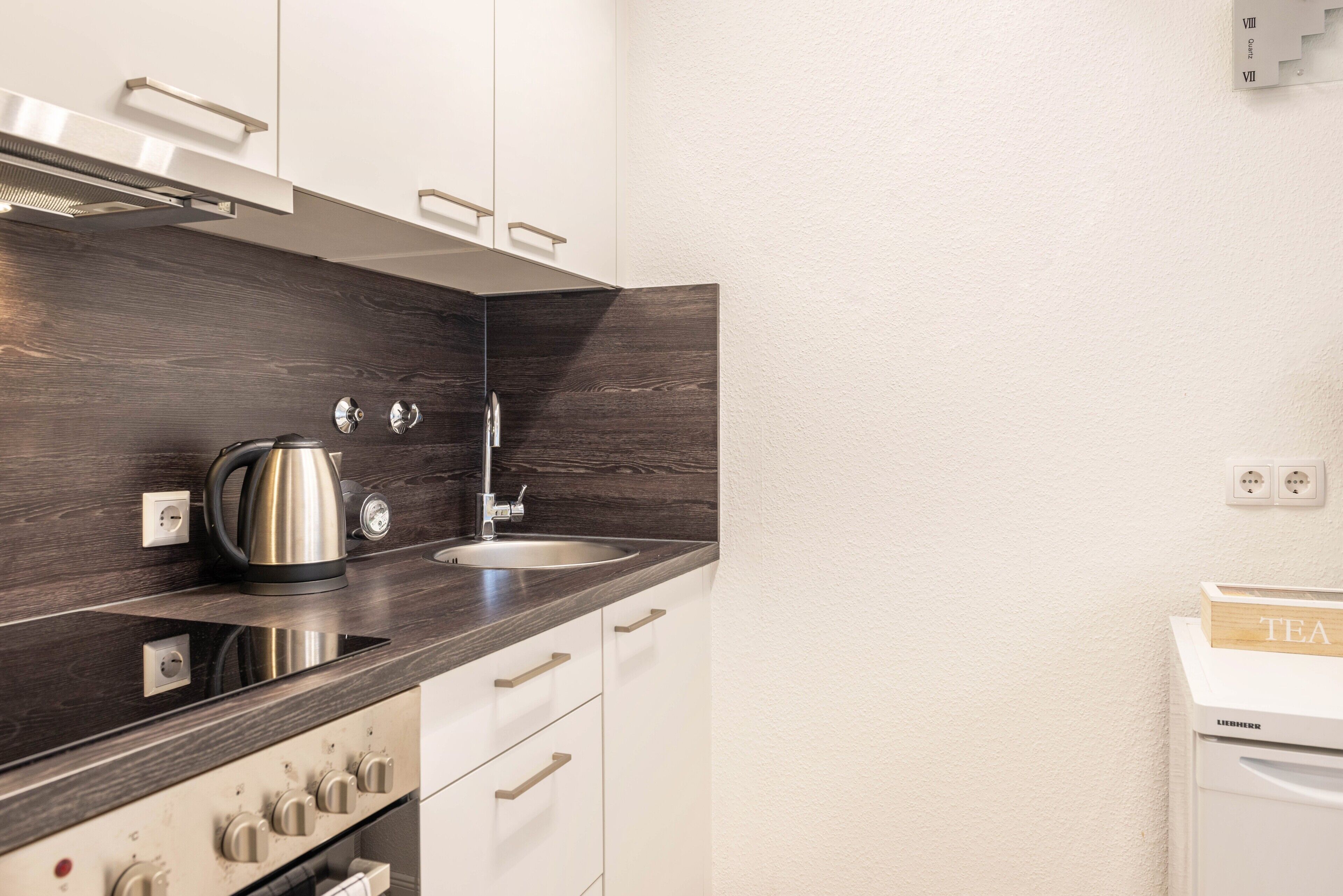Eine moderne Küche mit dunkelholzartiger Rückwand, Edelstahlgeräten und einer Teedose auf der Arbeitsfläche.