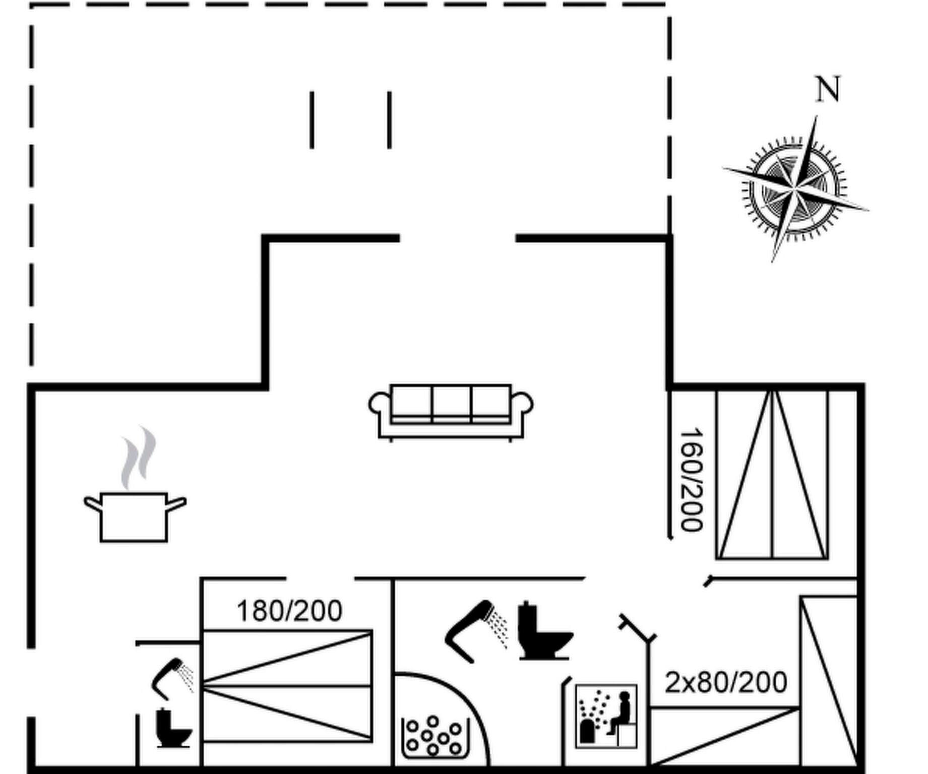 A floor plan with a kitchen, a living area, and a bathroom.