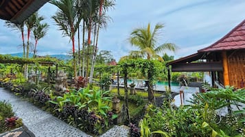 A lush garden with a pool, surrounded by tropical plants and a wooden structure.