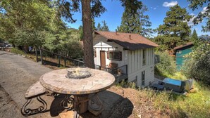 Une cabane rustique avec un foyer intégré dans une table, située devant la cabane, entourée d’arbres et sous un ciel dégagé.
