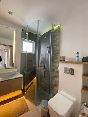 A modern bathroom with a glass-enclosed shower, a white toilet, and a vanity with a mirror.