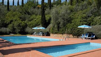 Seasonal outdoor pool, pool umbrellas, sun loungers