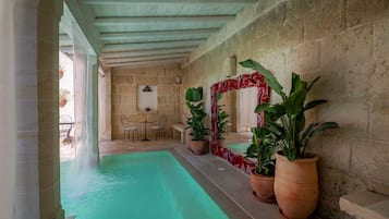 Seasonal outdoor pool, pool umbrellas, pool loungers