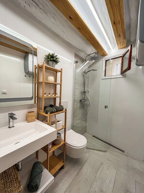 Hair dryer, towels, soap, shampoo
