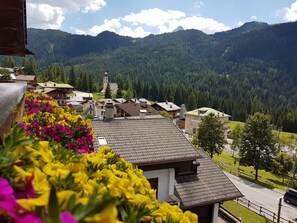 A mountain village with traditional houses, a church, and a view of the forested mountains. - Hotel Garnì Ongaro (Selva di Cadore)