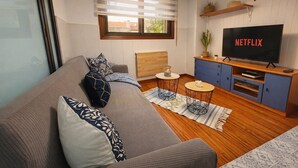 A living room with a grey sofa, patterned cushions, a wooden coffee table, a small round table, a TV on a wooden stand, and a blue cabinet.