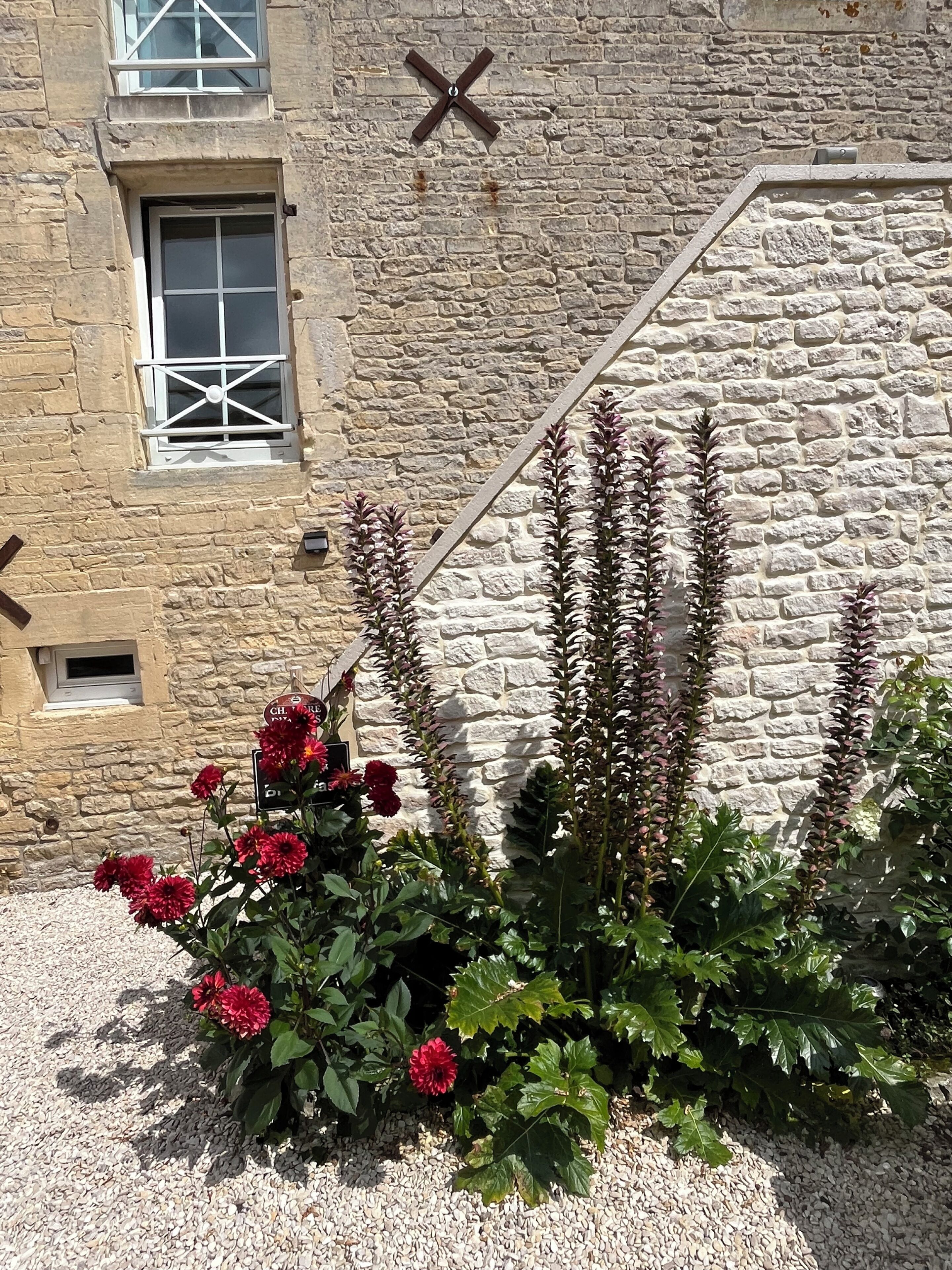 Un edificio de piedra con una ventana, una cruz y flores rojas en primer plano.