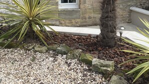 A stone building with two windows, a palm tree, and a yucca plant. - Chambres d'Hôtes de l'Ancienne Auberge (Thaon)