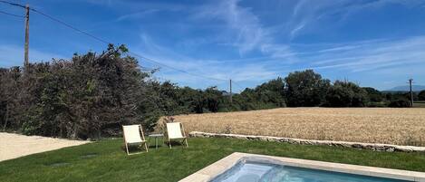A rectangular hot tub with a control panel, surrounded by a pebble border, set against a backdrop of a grassy lawn and a field.