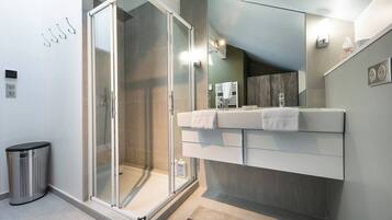 Shower, hair dryer, towels, toilet paper