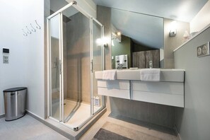 Shower, hair dryer, towels, toilet paper