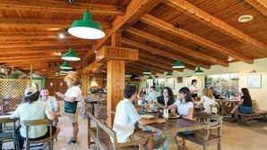 A restaurant with wooden beams and green pendant lights. Tables and benches are arranged for dining. - Camping Castell Montgrí (Torroella de Montgrí)