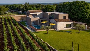 A modern two-story house with a swimming pool, surrounded by a well-maintained lawn and vineyard.