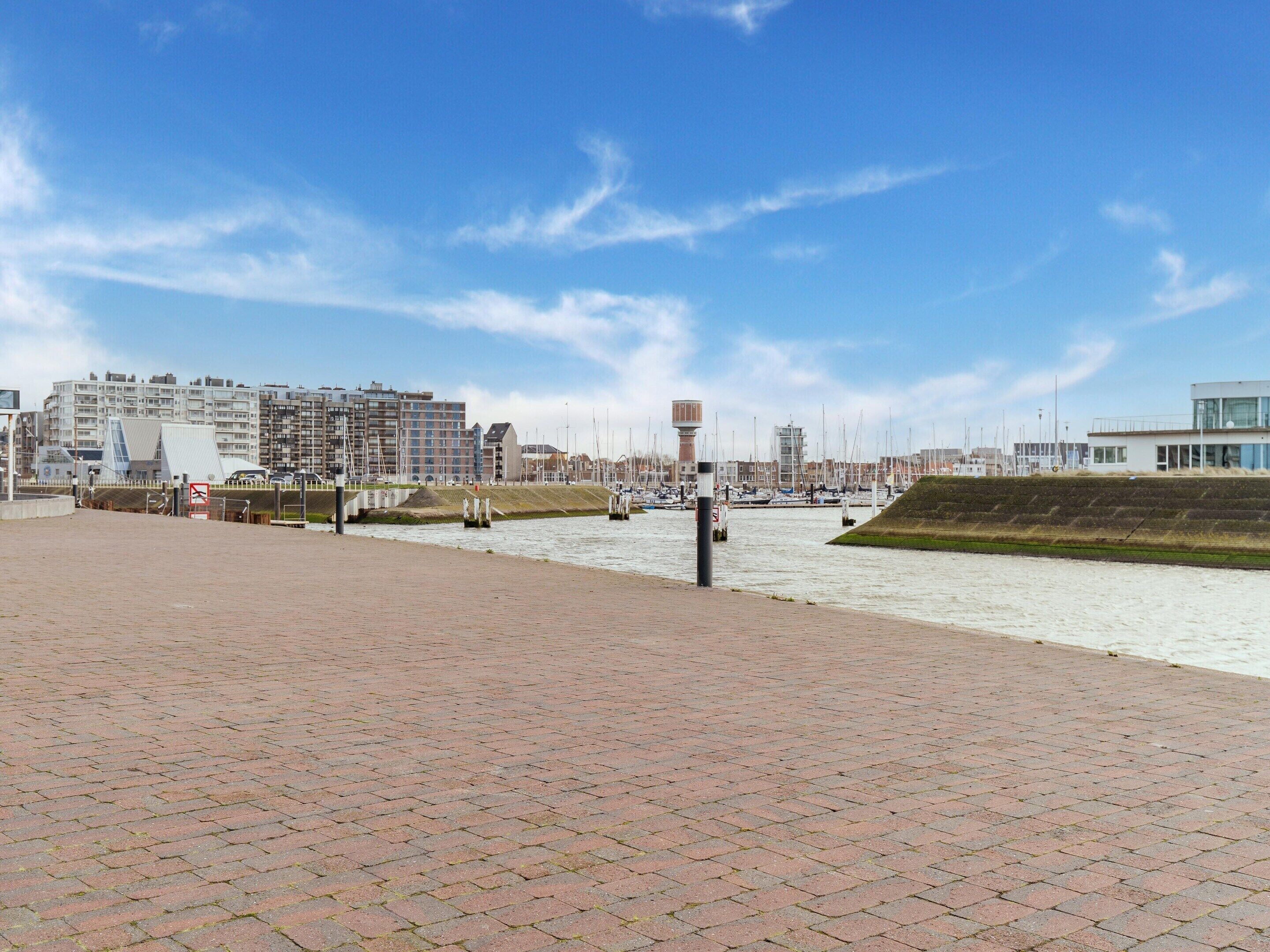 Une promenade en bord de mer avec un chemin pavé de briques, un port de plaisance avec des bateaux et, en arrière-plan, des bâtiments modernes.