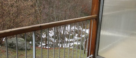 A wooden deck with a metal railing, a glass door, and a view of a mountainous landscape.