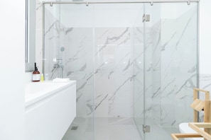 Shower, hair dryer, towels, toilet paper