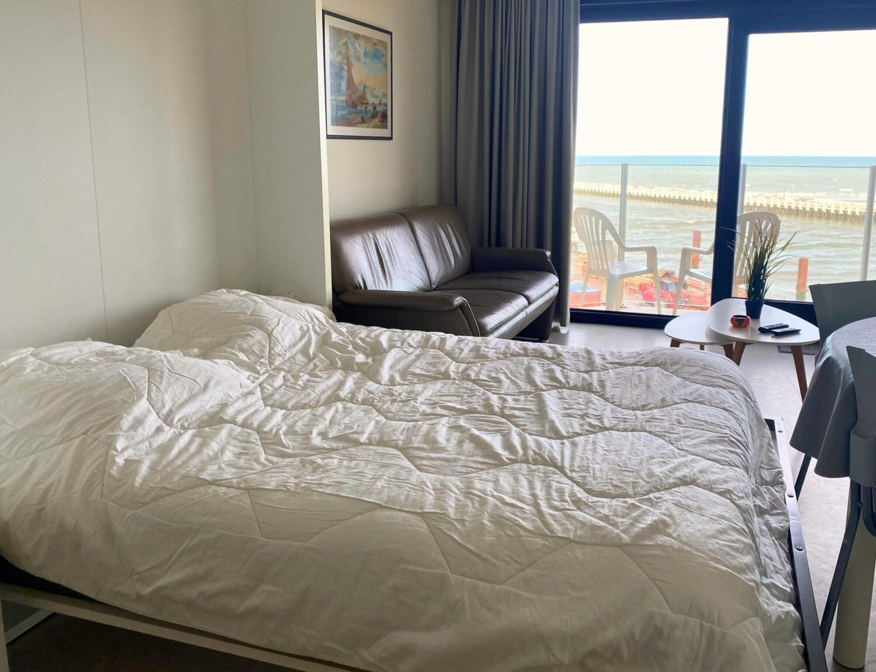 A hotel room with a bed, a leather sofa, a small table with a plant, and a view of the sea.