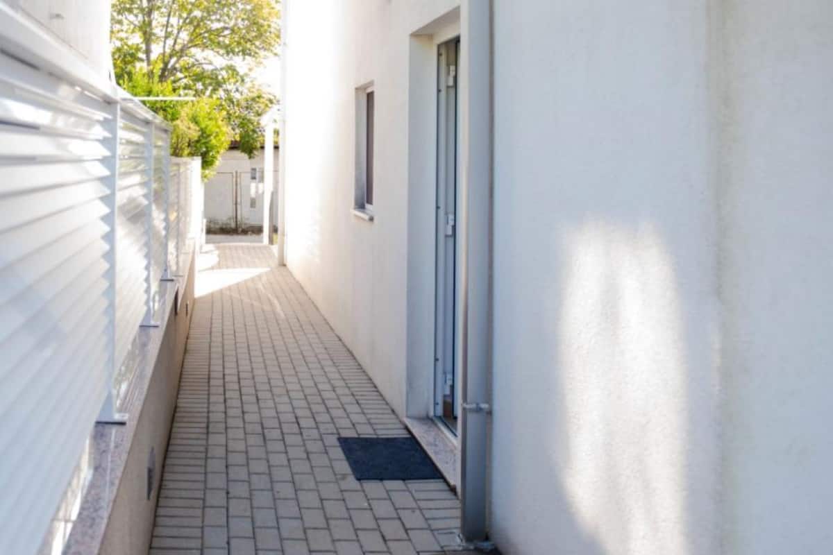 A narrow, paved pathway leading to a building entrance with a door and window.