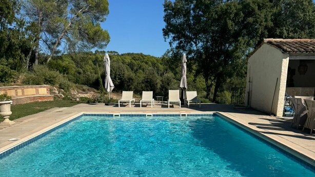 A rectangular swimming pool with clear blue water, surrounded by lounge chairs and umbrellas, with trees and a building in the background.