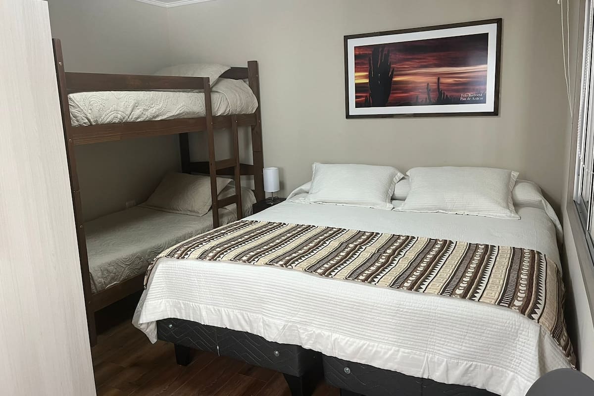 A room with a bunk bed, a single bed with patterned bedding, a bedside table with a lamp, and a framed picture on the wall.