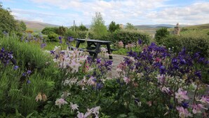 Una mesa de picnic rodeada de abundante follaje y flores silvestres.