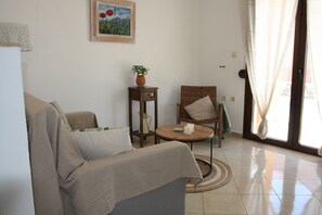 TV, caminetto, lettore DVD, libri