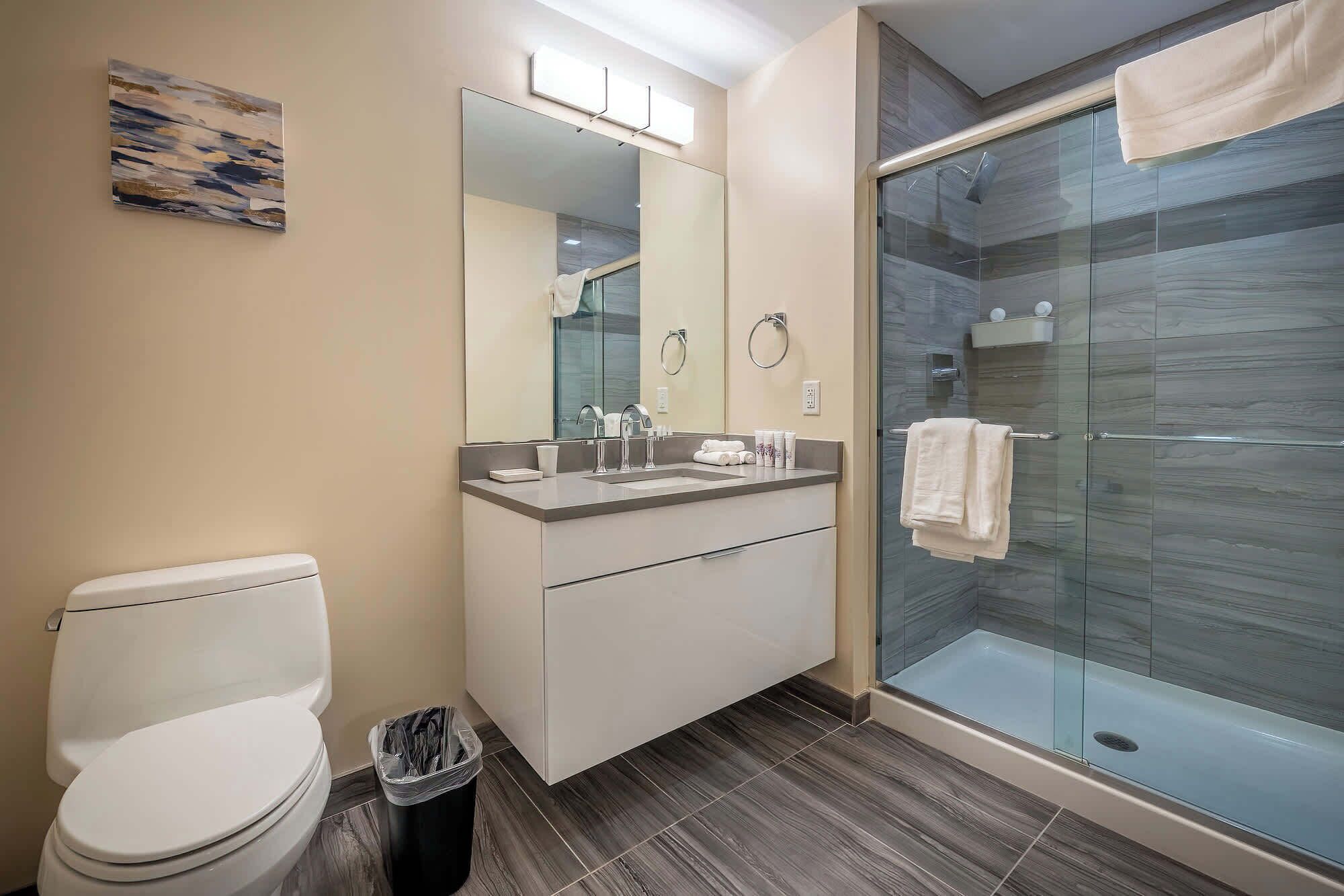 A modern bathroom with a toilet, vanity, and glass shower enclosure.