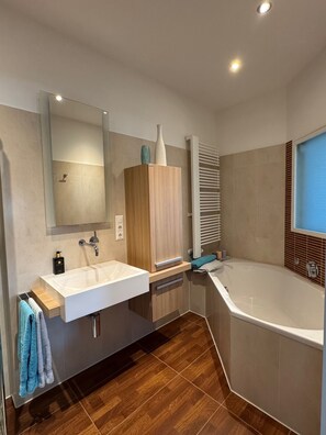 Hair dryer, towels, soap, toilet paper