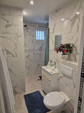 Ein Badezimmer mit einer weißen Toilette, einem Waschbecken mit Spiegel darüber, einer Duschkabine mit Fenster und einer Topfpflanze an der Wand.