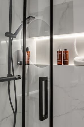 Shower, hair dryer, towels