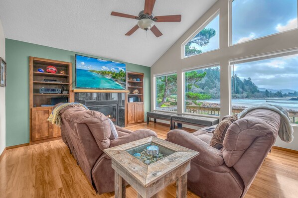 Smart TV, fireplace, video games, DVD player