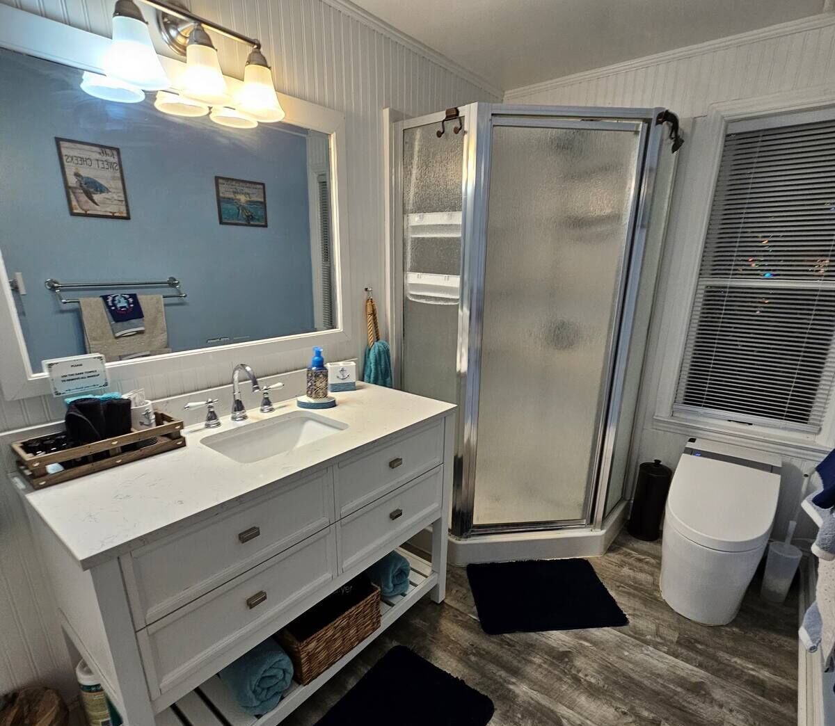 Shower, hair dryer, bidet, towels