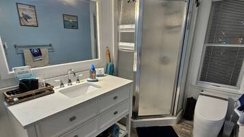 Shower, hair dryer, bidet, towels
