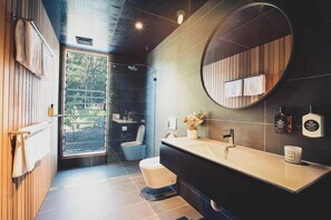 Shower, hair dryer, towels