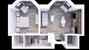 Plano de planta de un apartamento moderno con sala de estar, cocina, baño y un pequeño balcón.