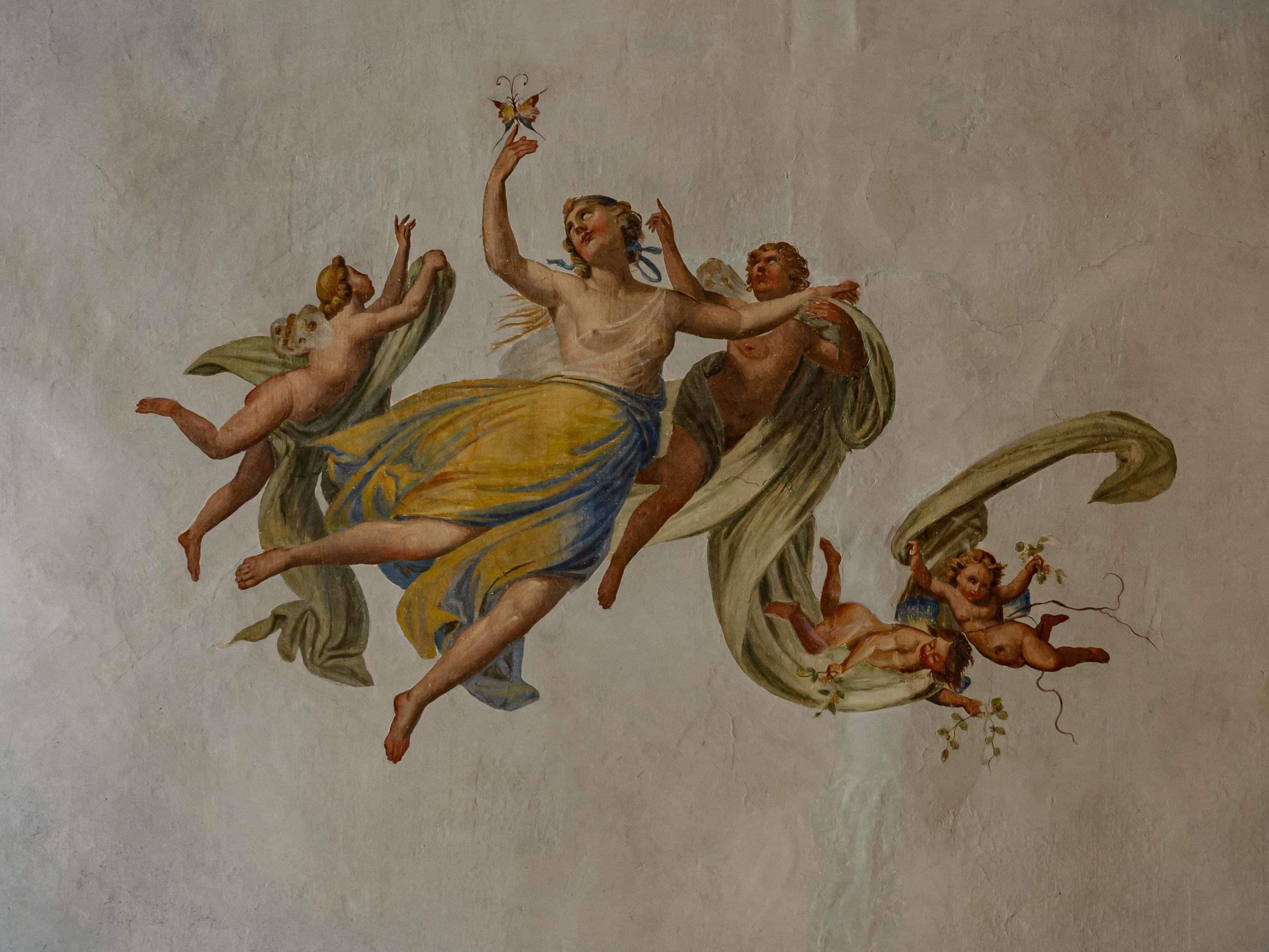 A classical fresco with figures in dynamic poses, suggesting movement and interaction.