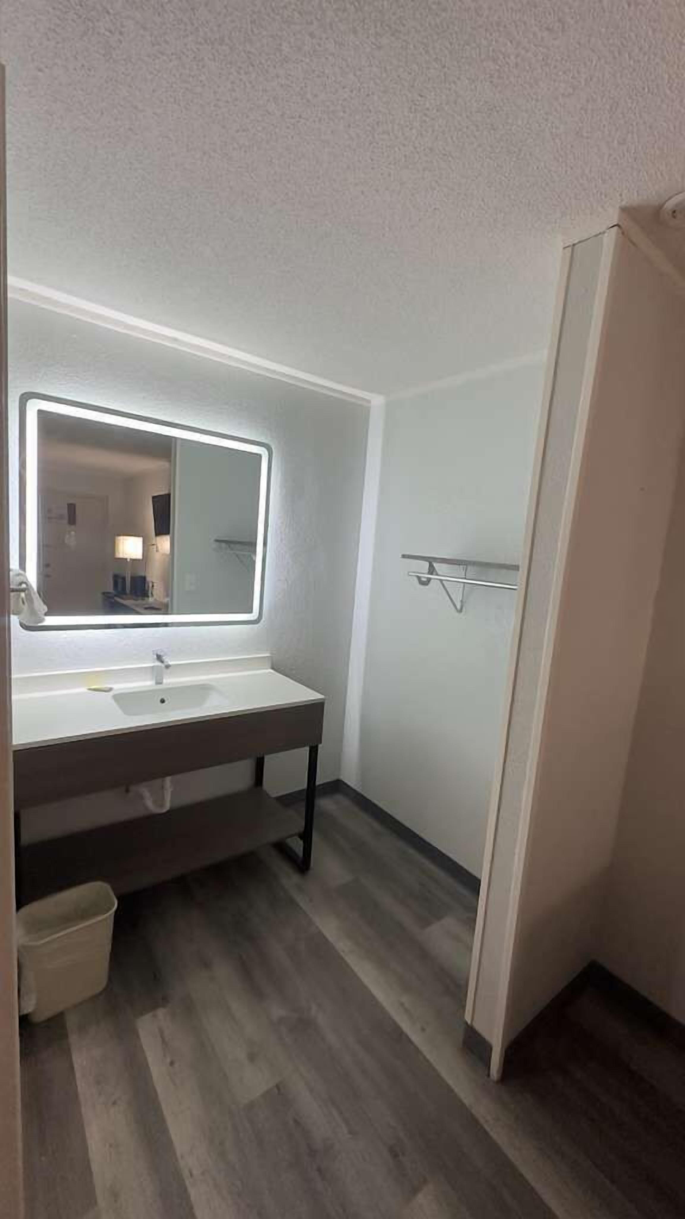 Un baño con un espejo grande, un lavabo, un perchero para toallas y una zona de ducha.