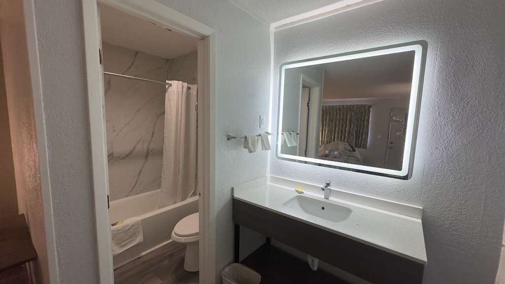 Un bagno con un lavandino bianco, uno specchio, una doccia e un water.