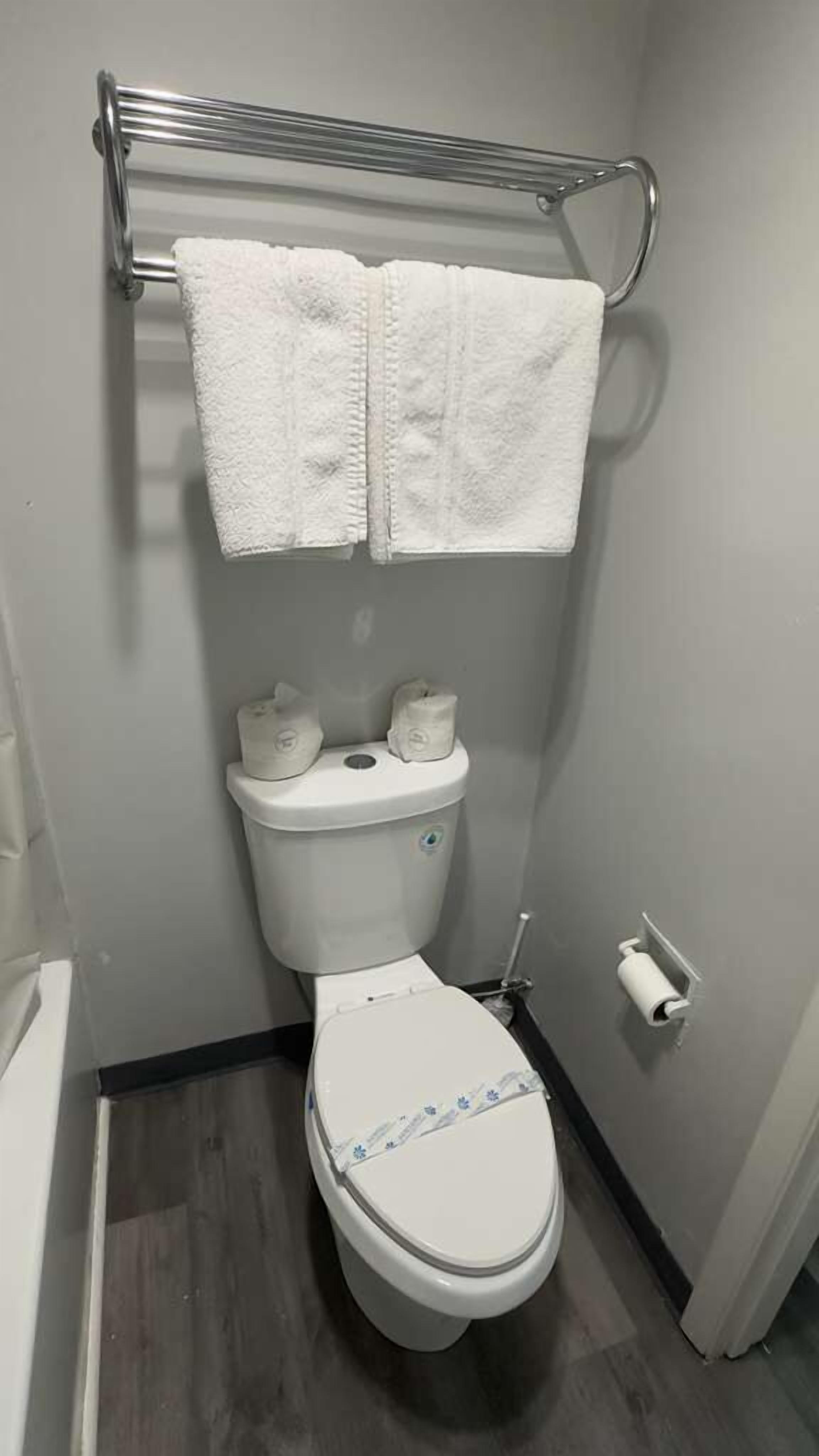 Ein kleines Badezimmer mit Toilette, Handtuchhalter mit zwei Handtüchern und Toilettenpapierhalter.