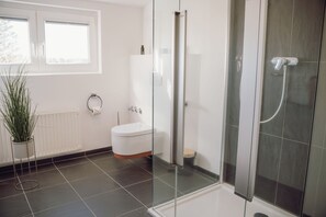 Ducha, secador de pelo, toallas y jabón