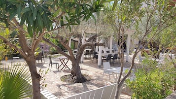 An outdoor patio area with tables and chairs, surrounded by trees and plants.