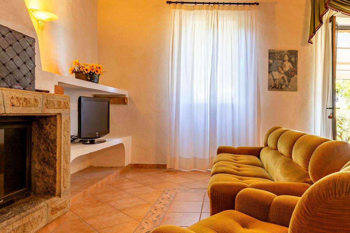 Ein Wohnzimmer mit Kamin, Fernseher, Sofa und einem Vorhangfenster.
