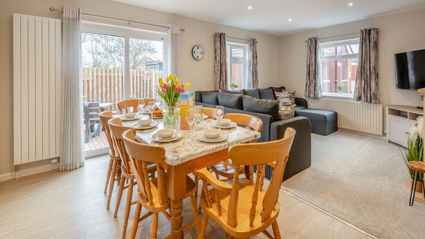 A spacious living room with a dining area, a sofa, and a TV.