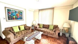 A living room with two sofas, a coffee table, a painting, a TV, and a window with curtains.
