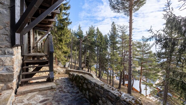 A stone staircase leading to a wooden deck with a view of a forest and a lake.